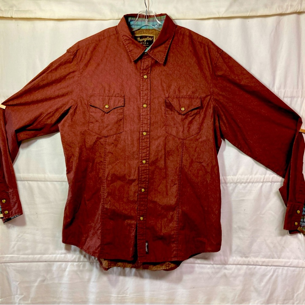 Wrangler Retro Long Sleeve Maroon Paisley Clouded Pearl Snap Sz Men’s L Amazing
